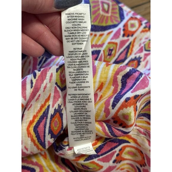 Chicos Womens Size 0 Linen No Iron Button Up Shirt 3/4 Sleeve Aztec Colorful - Picture 11 of 15
